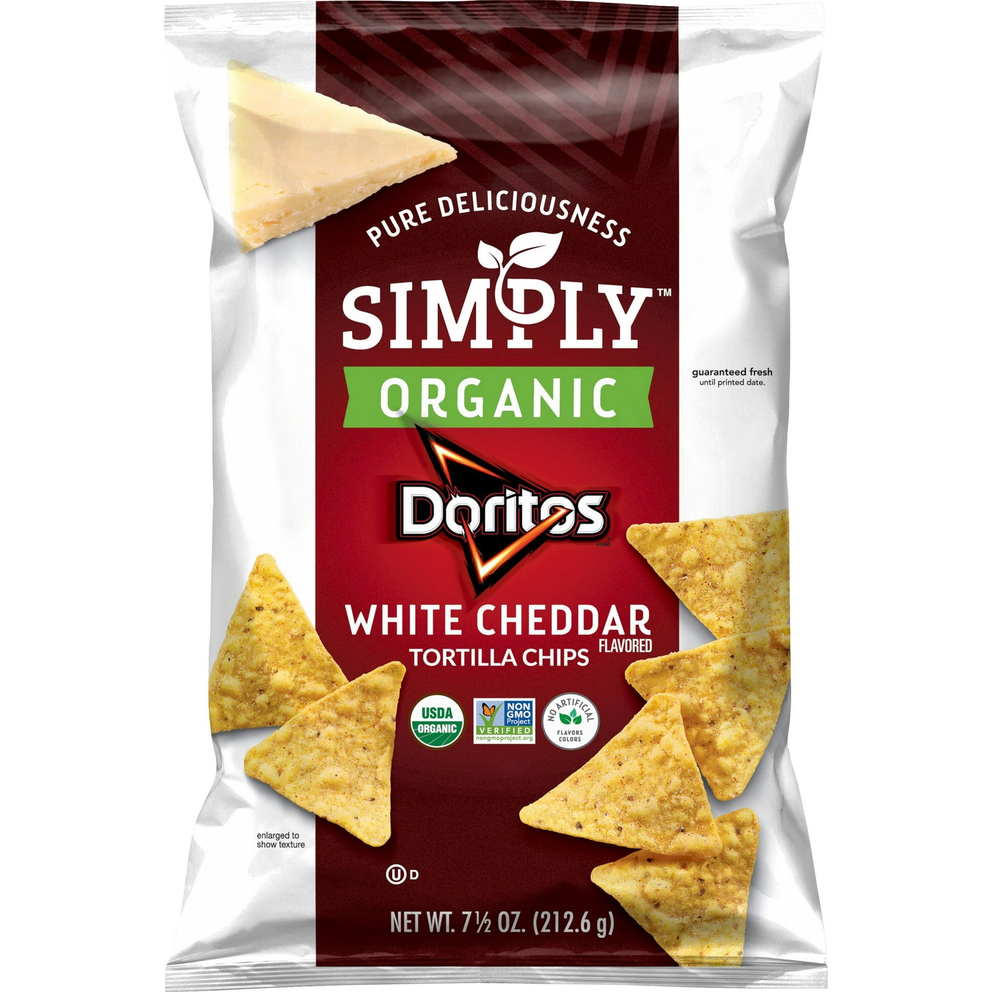 At Simply, our snacks are made with ingredients you can feel good about, and come from the brands you love. We call this Pure Deliciousness. Snack boldly with organic corn and real white cheddar. We're taking crunch to the next level. Doritos Simply Organic White Cheddar Flavored Tortilla Chips offer a deliciously crunchy and wholesome snack with a rich, cheesy flavor. Each 7.5-ounce bag features organic corn tortillas seasoned with creamy white cheddar cheese for a savory, satisfying taste. Made with simpl