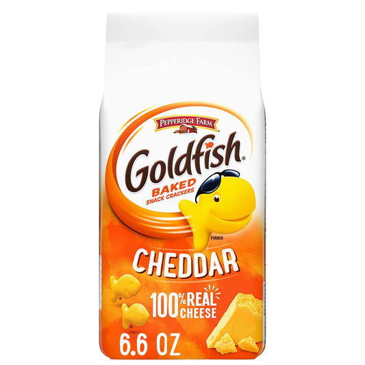 Serve up a snack the whole family will enjoy with Pepperidge Farm Goldfish Cheddar Cheese Crackers, the fun, fish-shaped snack crackers with a smile. These baked cheese snacks are made with ingredients you can feel good about, including 100% real Cheddar cheese and no artificial flavors or preservatives. The great taste and fun, bite-sized shape of Goldfish crackers make them the perfect at-home or on-the-go snacks for kids and adults. Crunchy and cheesy with an irresistible flavor, they’re a munchable must