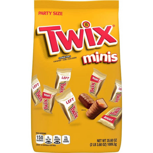 Enjoy this one-of-a-kind cookie bar experience one piece at a time. Right TWIX is made with crunchy cookie, gooey caramel, and rich milk chocolate. Left TWIX is crafted with crispy shortbread, creamy caramel, and decadent milk chocolate. Which side will you choose? This 35.6 oz stand-up bag of 95 minis size candies is perfect for stocking your pantry and using to pack in lunches. A great afternoon treat or a tasty addition to any celebration, TWIX Minis Size Caramel, and Chocolate Cookie Bars are individual