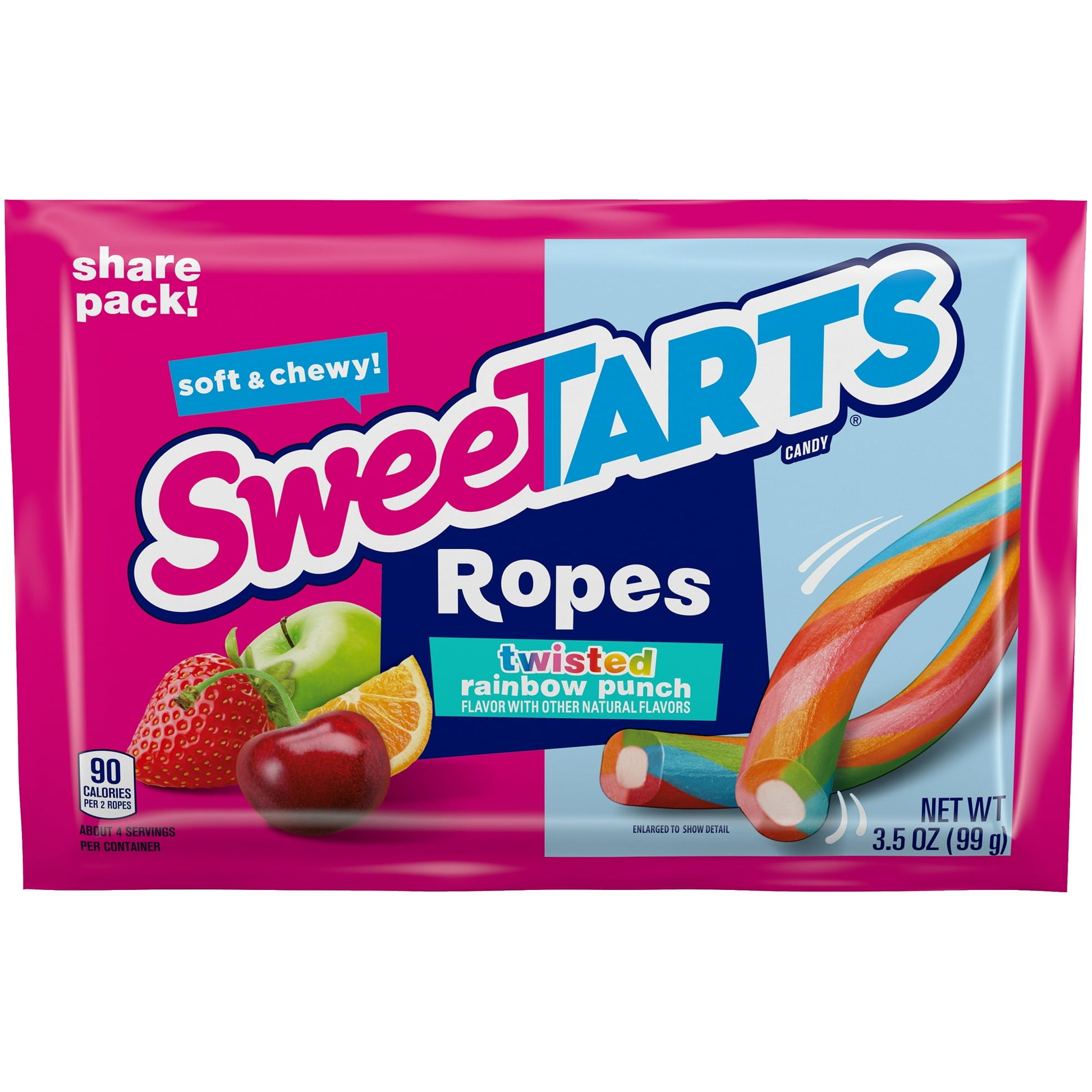 Twisted Rainbow Soft and Chewy Ropes® takes the classic sweet and tart flavor fusion a step further, creating bendable fun that’s fruity licorice and SweeTARTS all in one. Each bite of SweeTARTS Twisted Rainbow contains a delicious fruit punch flavor mix with a matching delicately tart filling.