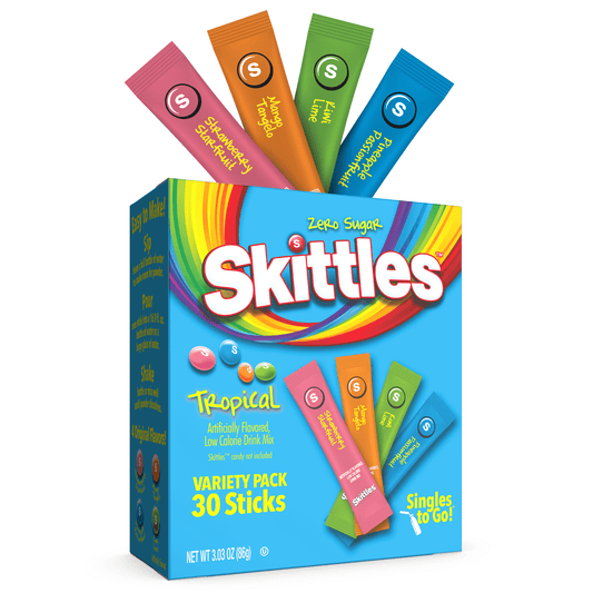 Taste the Rainbow! Skittles Drink Mix is a delicious treat for kids and adults alike. Perfect for any water recipe, this variety pack includes 30 individual on-the-go packets, enough to make 30 single servings of flavored water, in four Tropical Skittles flavors, including Strawberry Starfruit, Mango Tangelo, Kiwi Lime, and Pineapple Passionfruit. Skittles Drink Mix is sugar-free, caffeine-free, and fat-free, with only 5-10 calories per serving. Perfect for on-the-go or after-school snacks, pool days, or pi