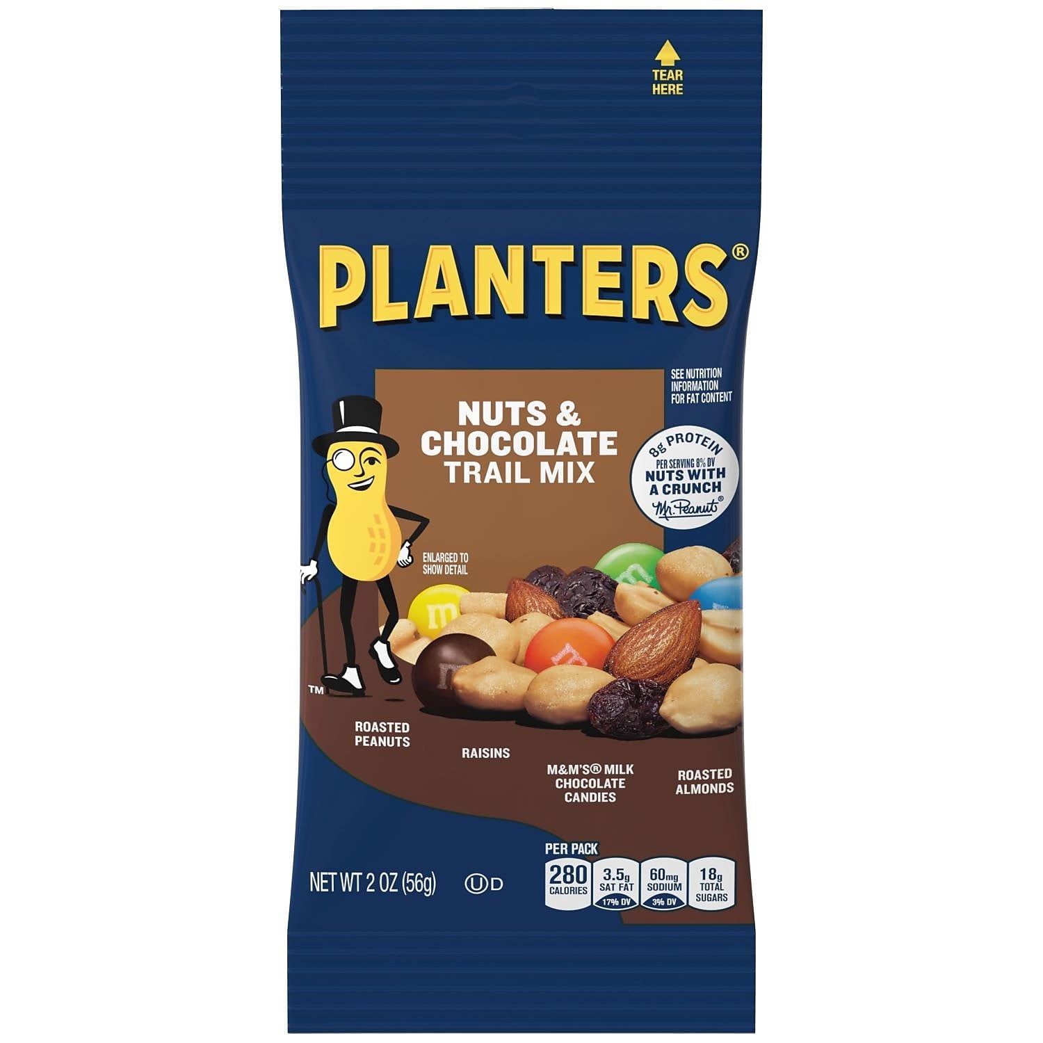 Enjoy this nut and chocolate trail mix as a perfect on-the-go snack. Trail mix contains a delicious blend of peanuts, raisins, chocolate pieces, cashews and almonds. Planters Nut/Chocolate Trail Mix, 72 / Carton (Quantity)