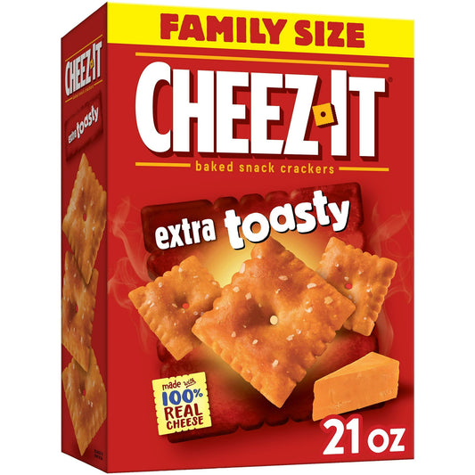 Outrageously cheesy and ridiculously craveable, cheese-lovers reach for Cheez-It Extra Toasty baked snack crackers by the handfuls. Discover a crowd-favorite snack made with 100% real cheese baked extra toasty for an irresistible, crunchy snap in every bite. Each lightly salted crisp is loaded with bold cheesy flavor. Cheez-It baked snack crackers are a fan-favorite for school snacks, video game snacks, late-night snacking, road trips, and so much more, the cheesy options are endless; Go ahead and grab a bo