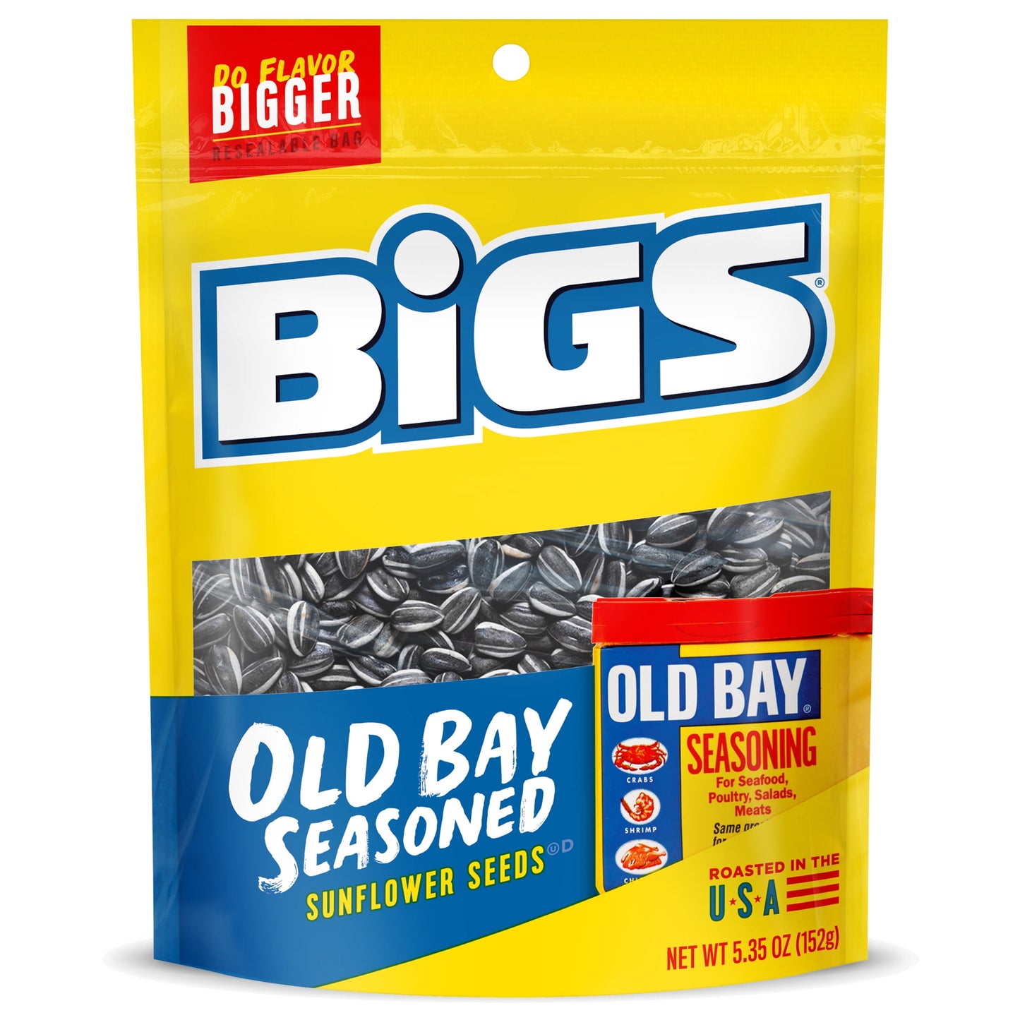 BIGS Old Bay Seasoned Sunflower Seeds will have you cracking smiles in no time! Old Bay Seasoning is a Maryland classic, and its salty, spicy, savory goodness coats every giant BIGS Sunflower Seed. These seeds contain no artificial colors or preservatives. Enjoy these big, bold-flavored seeds in a 5.35-ounce bag. Why go small when you can go BIG?