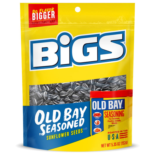 BIGS Old Bay Seasoned Sunflower Seeds will have you cracking smiles in no time! Old Bay Seasoning is a Maryland classic, and its salty, spicy, savory goodness coats every giant BIGS Sunflower Seed. These seeds contain no artificial colors or preservatives. Enjoy these big, bold-flavored seeds in a 5.35-ounce bag. Why go small when you can go BIG?