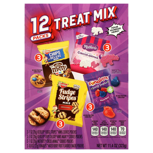 The perfect blend of your favorite variety snacks in one place! Try Keebler Variety Treats with snacking favorites that include: Keebler Fudge Stripes Original Minis, Funables Fruity Snacks Mixed Berry, Keebler Chips Deluxe, and Mother's Original Circus Animal Cookies! Perfect for on the go variety or packing lunches. Includes 12 individually wrapped snack packs for convenience. Enjoy this fantastic mix of all your favorite brands in one place!