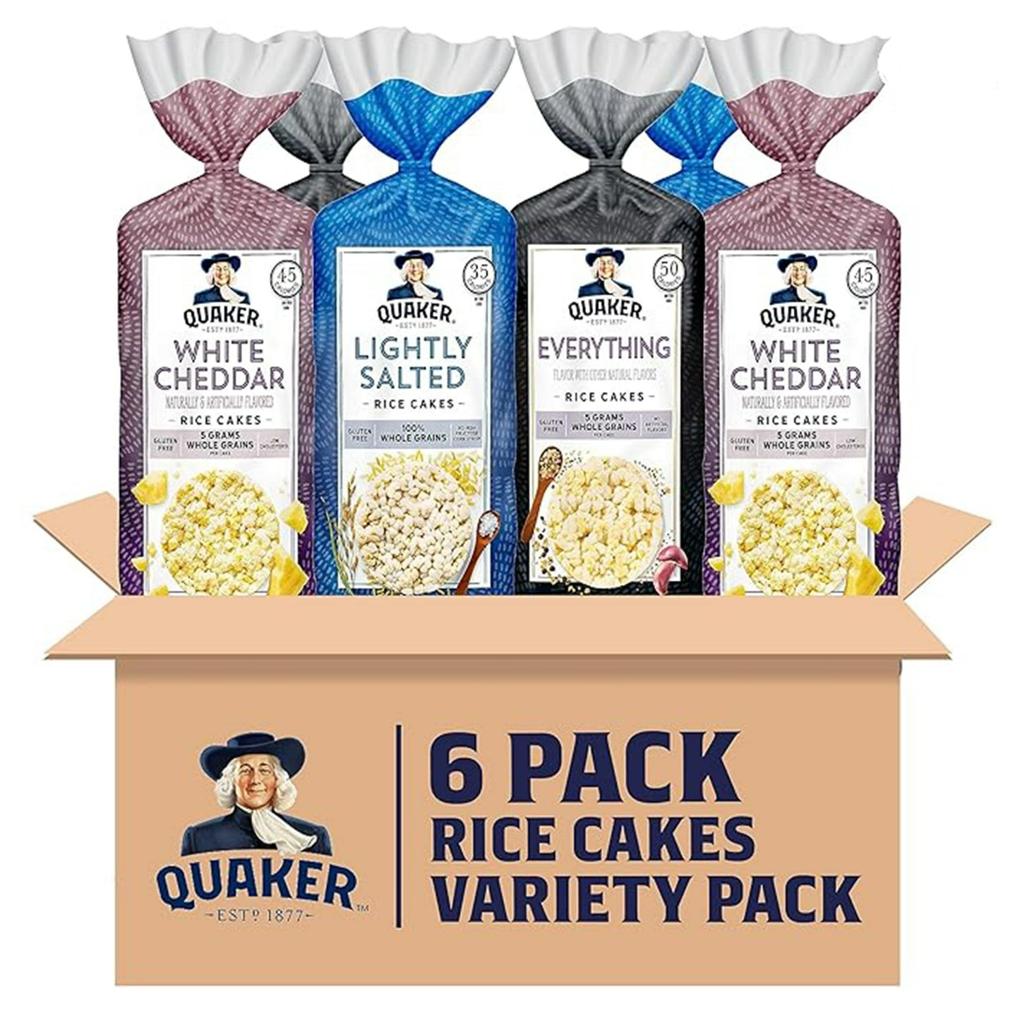 Quaker Large Rice Cakes, 3 Flavor Topper Variety Pack, Pack of 6. Dress them up with delicious toppings, or enjoy right out of the bag. Our Rice Cakes help you make snack time your time. Eat the gluten-free rice cakes right out of the bag, or top them with a tasty spread to mix things up. You’ll be in pure snacking bliss.