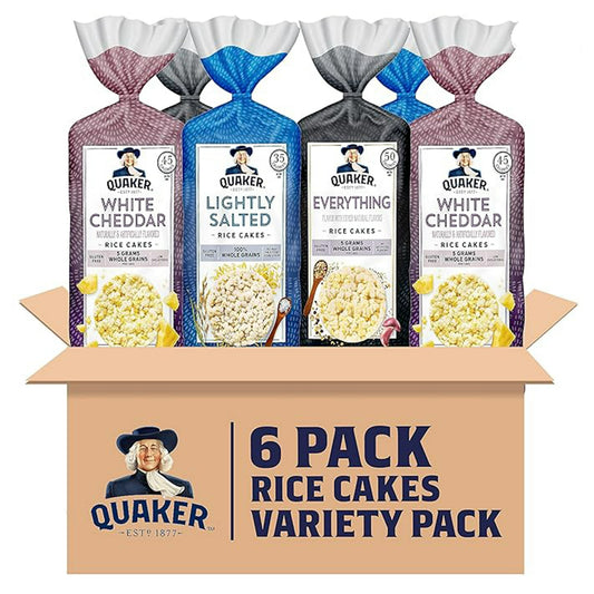 Quaker Large Rice Cakes, 3 Flavor Topper Variety Pack, Pack of 6. Dress them up with delicious toppings, or enjoy right out of the bag. Our Rice Cakes help you make snack time your time. Eat the gluten-free rice cakes right out of the bag, or top them with a tasty spread to mix things up. You’ll be in pure snacking bliss.