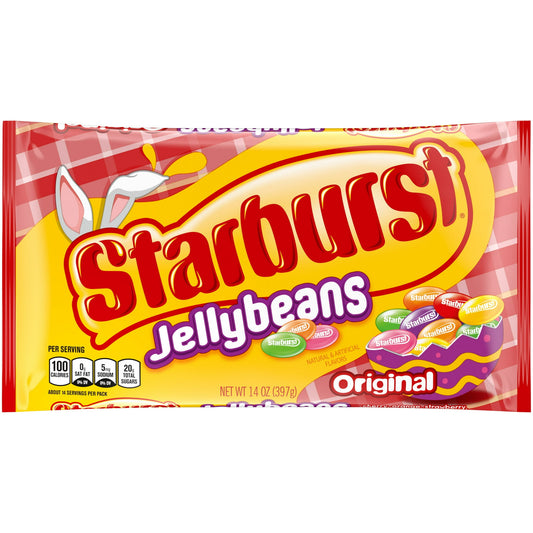 This Easter, pack their Easter baskets and fill their Easter eggs with STARBURST Original Jelly Beans candy. Spring's sweetest fruit flavored candy is in this 14-ounce bag that is sure to sprout smiles on the faces of your friends and family. This Easter basket essential includes the original flavors of strawberry, cherry, orange, green apple, grape, and lemon. STARBURST Easter Jelly Beans are perfect for stuffing Easter eggs for the big Easter egg hunt, as well as complementing Easter basket gift. More tha