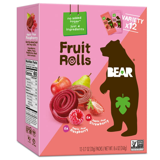 BEAR Variety Pack with Strawberry and Raspberry Fruit Rolls. 12 individual packs with 6 of each flavor. These fruit snacks are just real fruit and absolutely nothing else! All BEAR fruit snacks are 100% natural with no added sugar. Non-GMO, Gluten-free, Vegan, and Kosher. Healthy snacking your family can feel good about for every occasion. Adored by kids and loved by parents!