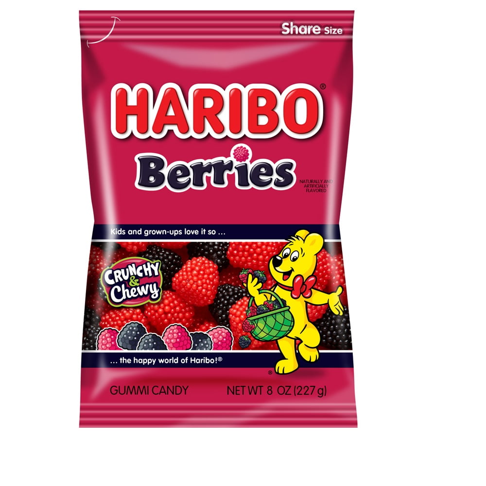 HARIBO Berries Gummy Candy, Thin, 8 oz Peg Bag, These red and black raspberry gummies are covered in sweet nonpareils for a crunchy and chewy gummi treat. Kids and grown-ups love it so, the happy world of HARIBO® 56 Count.