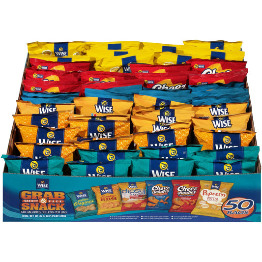 Unleash your inner hero with Wise Grab & Snack Variety Packs, the ultimate arsenal against hunger! With 50 assorted bags packed with crunchy delights like Golden Original Potato Chips, Honey BBQ Potato Chips, Original Dipsy Doodles, Crunchy Cheez Doodles, Puffed Cheez Doodles, and Butter Popcorn, you're equipped for any snack mission. Whether it's tackling sack lunches, conquering snack attacks, powering through car trips, delighting the neighbor kids, boosting afternoon pick-me-ups, or fueling the entire t