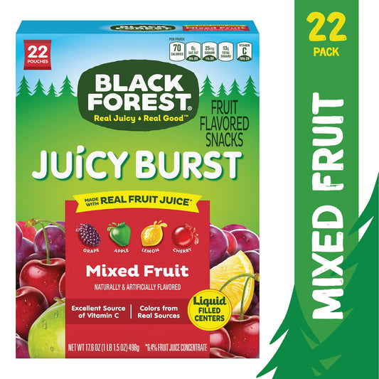 Black Forest Fruit Flavored Snacks Juicy Burst are the snack to add a burst of mixed fruit flavor to your day, made with real fruit juice from 6.4% fruit juice concentrate and full of juicy flavor. This 17.6 ounce box includes 22 individually wrapped pouches of gummy fruit flavored snacks in 4 fruity flavors: Grape, Cherry, Apple, and Lemon. These soft, chewy gummy fruit flavored snacks are fat free and gluten free. Crafted with care, our fruit flavored snacks are love at first bite.