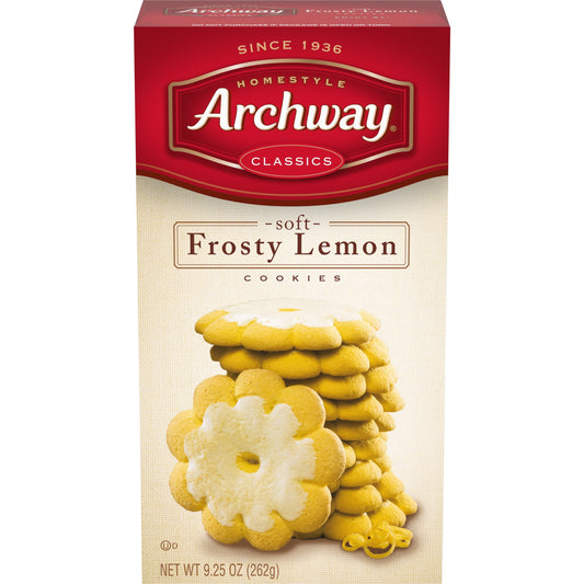 Savor each curve of our classic frosty lemon cookie. They are delicate and sweet with a mouth watering aroma and just a hint of tartness. These cookies pair perfectly with a cup of tea. Since 1936, Archway Cookies have been winning the hearts of cookies lovers. Known for our home-style goodness, we strive to deliver high quality, highly enjoyable cookies with the ability to bring on nostalgic memories every single day. Shelf-stable product.