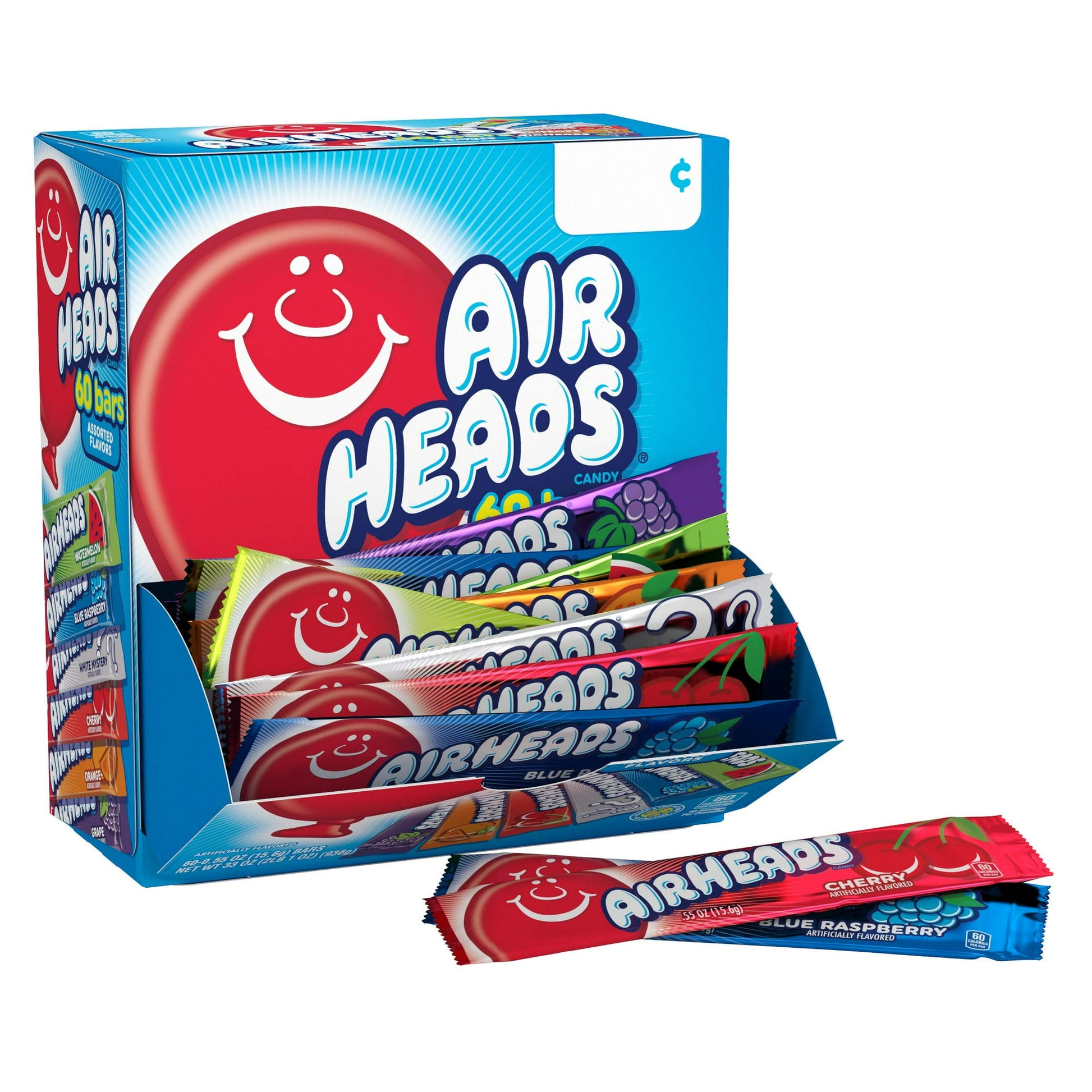 Nothing beats the tremendously tangy, playfully chewy chew of regular size Airheads candy. Each 33oz, 60 count box includes a variety of fruit flavored individually wrapped Airheads bars (.55 oz each). Flavors include Blue Raspberry, Cherry, Watermelon, Grape, Orange and White Mystery. This box is the answer to your sweet tooth's dream and your bulk candy needs. These are Gluten-free, nut free and kosher. These are the perfect candy for fundraising, holidays, events, party favors, concession stands, office 