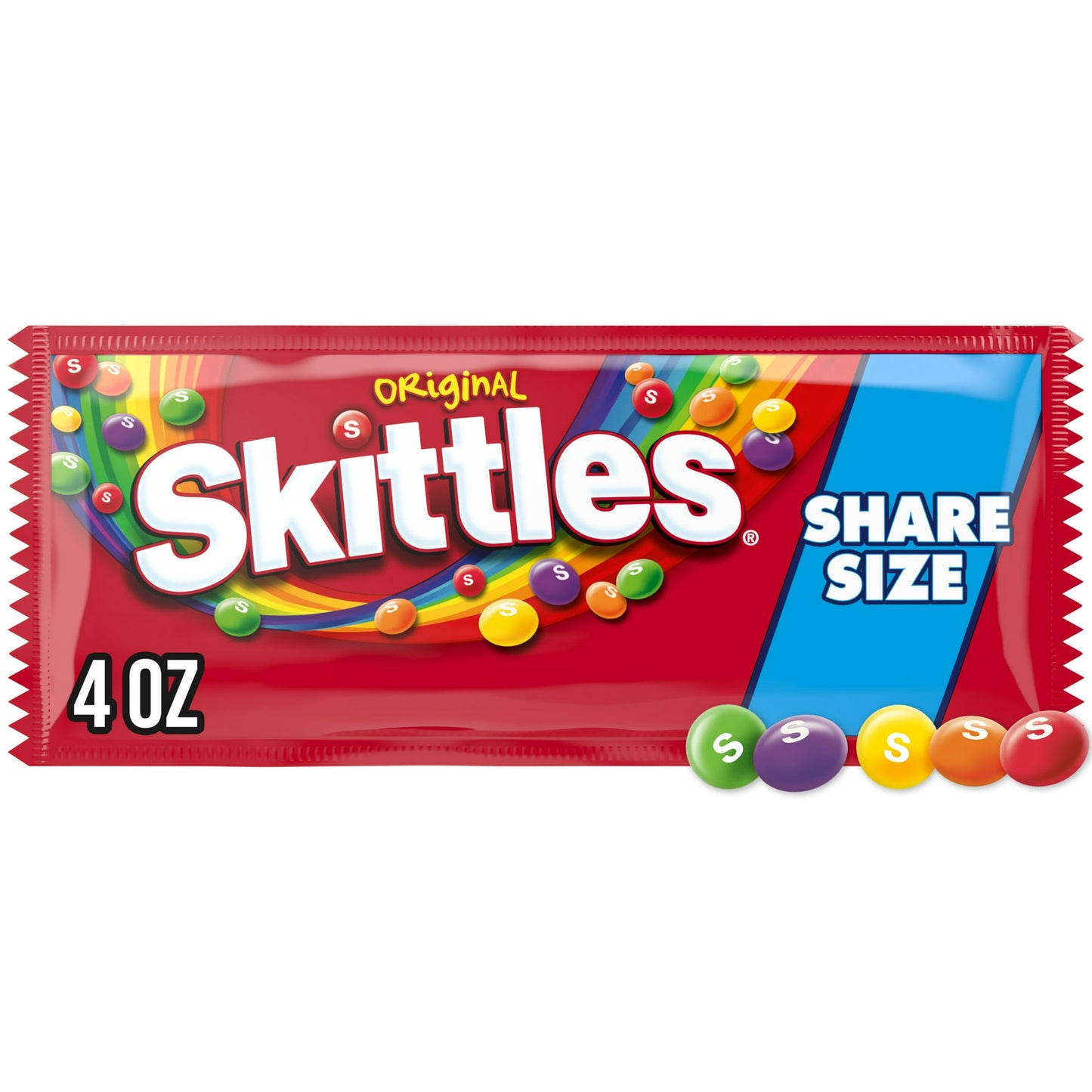 The rainbow you’ve been waiting to taste again! Sorry, it took so long, but SKITTLES Original chewy candy welcomes back the citrus flavor favorite, Lime. This share-size bag of SKITTLES candy is packed with the classic variety of fruit-forward flavors, including strawberry, lemon, orange, grape, and lime. These bite-size fruity candies are deliciously sweet – great for game day treats, party favors, or for decorating your favorite baked goods recipe. The 4 oz share size pack of SKITTLES chewy candy makes it