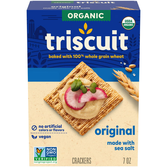 Triscuit Organic Original Whole Grain Wheat Crackers are made simply with quality ingredients. These baked organic, vegan snack crackers use 100% whole grain wheat proudly grown in the USA, sunflower oil, and sea salt. The square snack crackers are USDA Certified Organic, vegan, Non-GMO Project Verified and a good source of dietary fiber (see Nutrition information for fat content) for delicious, wholesome goodness.