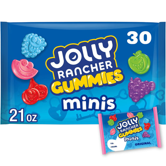 A mix of five favorites in just one bag of mini chewy gummies? You wouldn't have thought it possible if you didn't know JOLLY RANCHER gummies minis candy. This bag of fruit flavored gummies offers fun, flavorful fruity shapes everyone will be happy to choose from. Featuring snack size bags full of blue raspberry, green apple, cherry, grape and watermelon flavors, JOLLY RANCHER gummies offer a combination of the original flavor classics you know and love in a convenient, snackable size. This Valentine's Exch