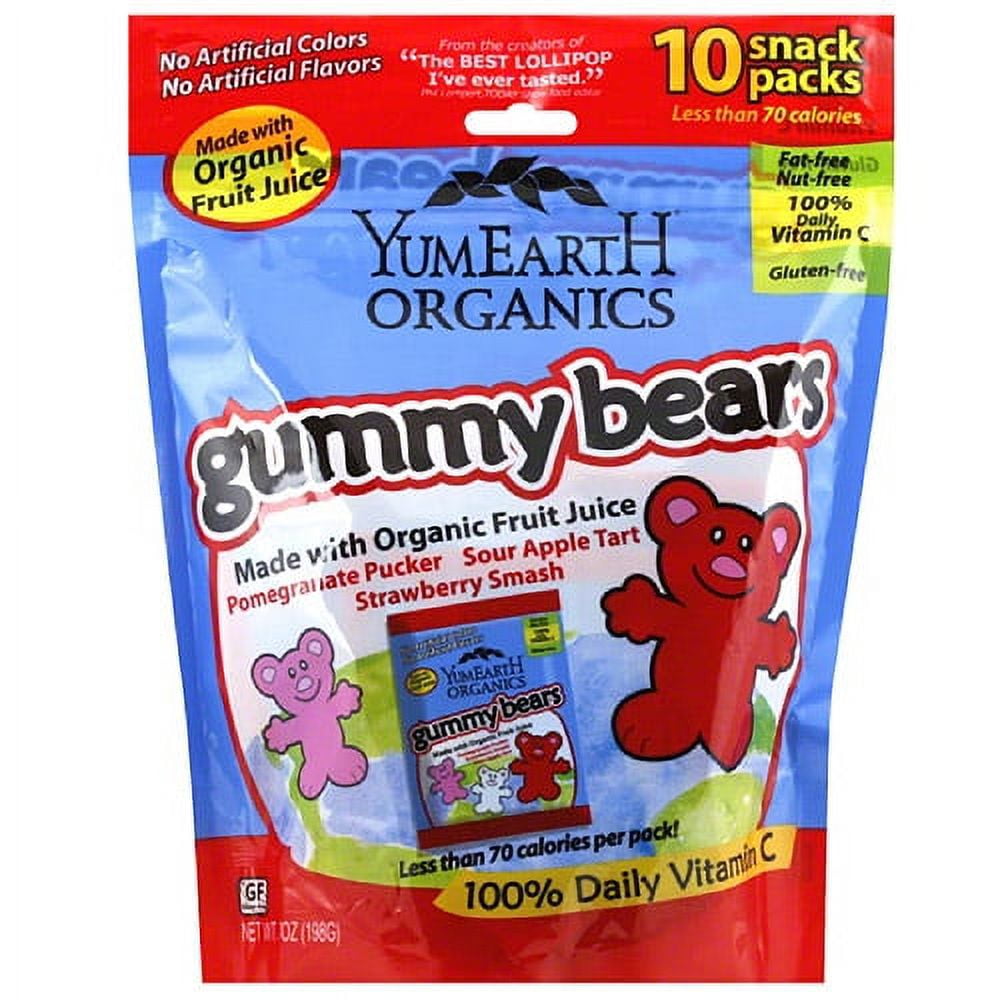 YumEarth Organics Gummy Bears are a tasty snack for any time of day. They come in an assortment of various delicious flavors. These YumEarth gummy bears are organic so you can eat them with peace of mind. Each serving has 100 percent of your recommended vitamin C.