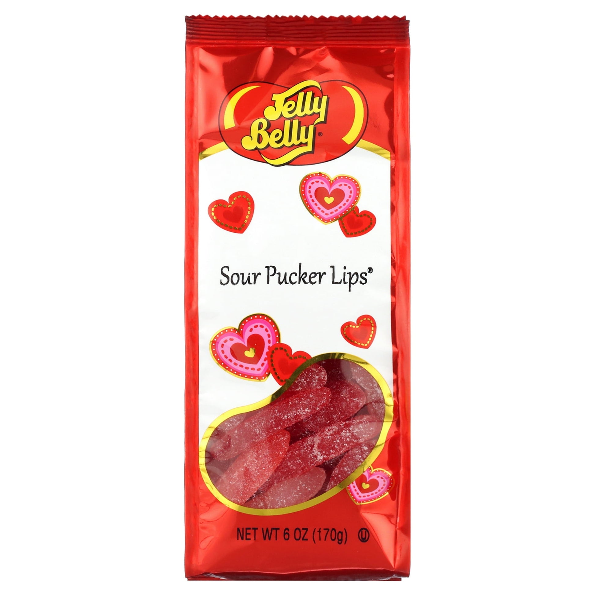 Sour Pucker Lips gummi candy from Jelly Belly. True-to-life sour fruit flavors include: Sour Cherry, Strawberry, and Sour Watermelon. These make for a wonderful, romantic Valentine's Day candy, whether you give this beautiful foil bag as a gift or just enjoy them with a loved one on a special day (and any day can be special with Pucker Lips)!