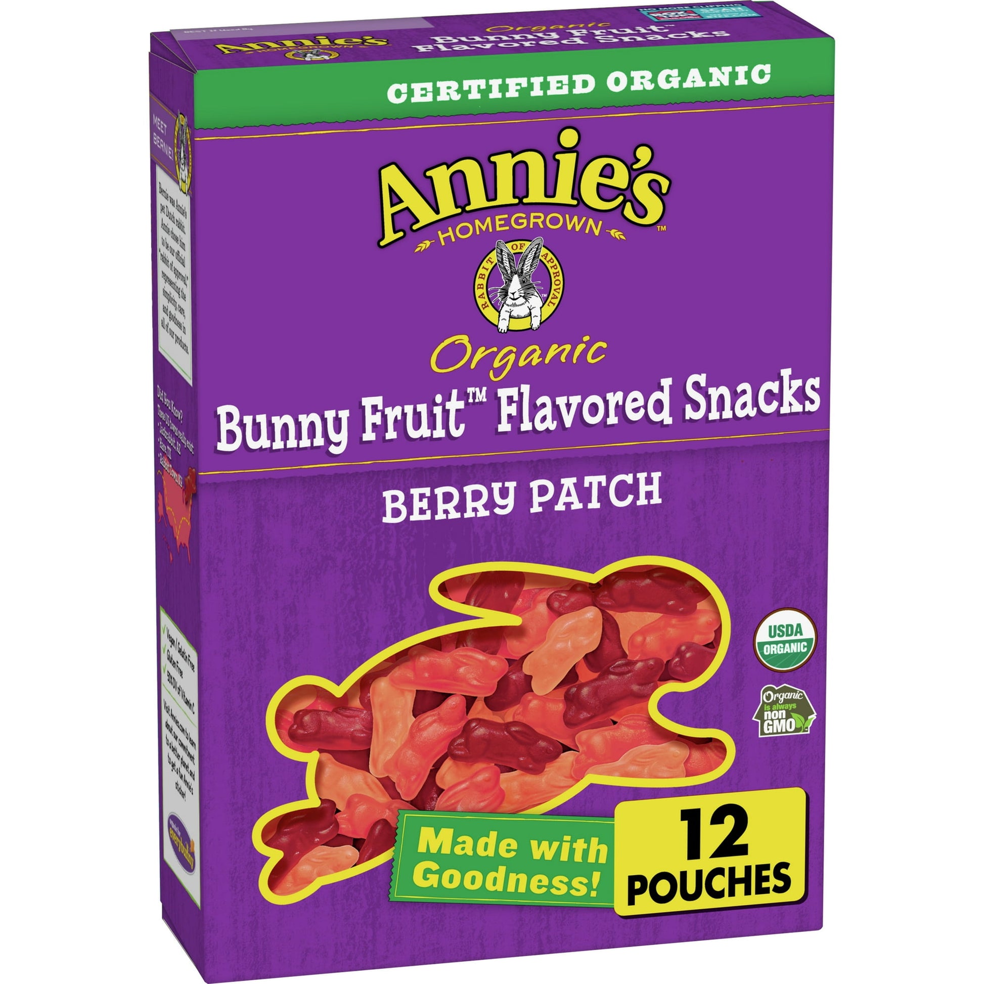 Annie's Organic Berry Patch Bunny Fruit-Flavored Snacks are equal parts adorable and delicious! Each fruit-flavored snack packs bold strawberry, cherry and raspberry flavors into cute, bunny-shaped gummies. These vegan and gluten-free fruit flavored snacks turn snack time into bunny fun. The best part? These gummies are made with certified organic ingredients for ultimate wholesome yumminess. Plus, they are made with real fruit juice.* Everybunny in your family can enjoy the fruity flavors of Annie's tasty 