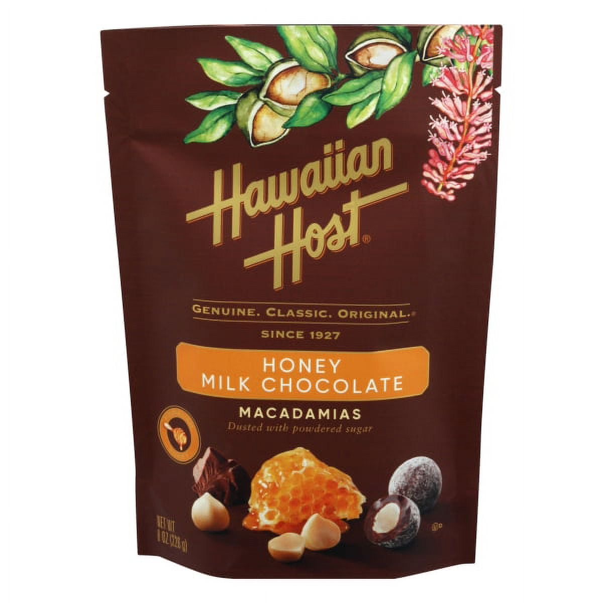 Dusted with powdered sugar. Genuine. Classic. Original. Since 1927. Hawaiin Honey happiness. Floral Hawaiian honey is the star ingredient in this delectable pairing. Premium macadamia nuts are glazed with rich Hawaiian honey, coated in creamy smooth milk chocolate, and dusted with powdered sugar. Savor the sweetness of Aloha. When Mamoru Takitani, founder of Hawaiian Host, began making his chocolate-covered macadamia nuts, he created a timeless classic. Today, we continue his legacy by sharing Aloha with ou