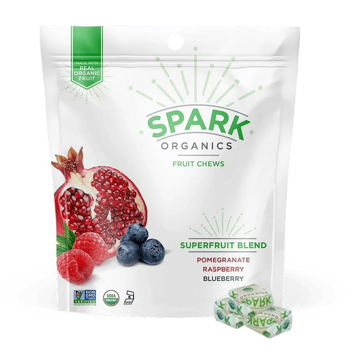 Spark Organics Superfruit Blend Fruit Chews, 4 Oz Pouch. Vegan, Gluten Free Candy, Dye Free Candy, non-GMO, Kosher, Sustainable Palm Oil, Real Fruit. Made with Organic fruit our fruit chews could be better than the real thing! Our Superfruit blend, contains Pomegranate, Raspberry and Blueberry chews. These little treats are engineered to give you that spark of energy when you need it the most! So go ahead and snag some for you and your friends! All our products are USDA Organic Certified, Non-GMO Project Ve