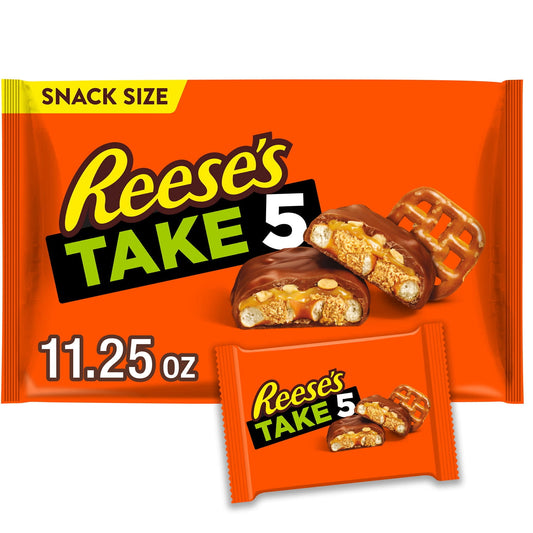 Enjoy the unique combination of crunchy pretzels, indulgent caramel, sweet peanut butter, whole peanuts and creamy chocolate with REESE'S TAKE 5 snack size candy bars. REESE'S TAKE 5 chocolates are everything you've ever wanted in a single candy bar and more. Take a handful of these sweet caramel candies to movie nights, tailgate parties and evenings around the campfire. Fill your pantry dishes and candy bowls in the office for a midday treat. REESE'S TAKE 5 candies are also perfect for birthday celebration