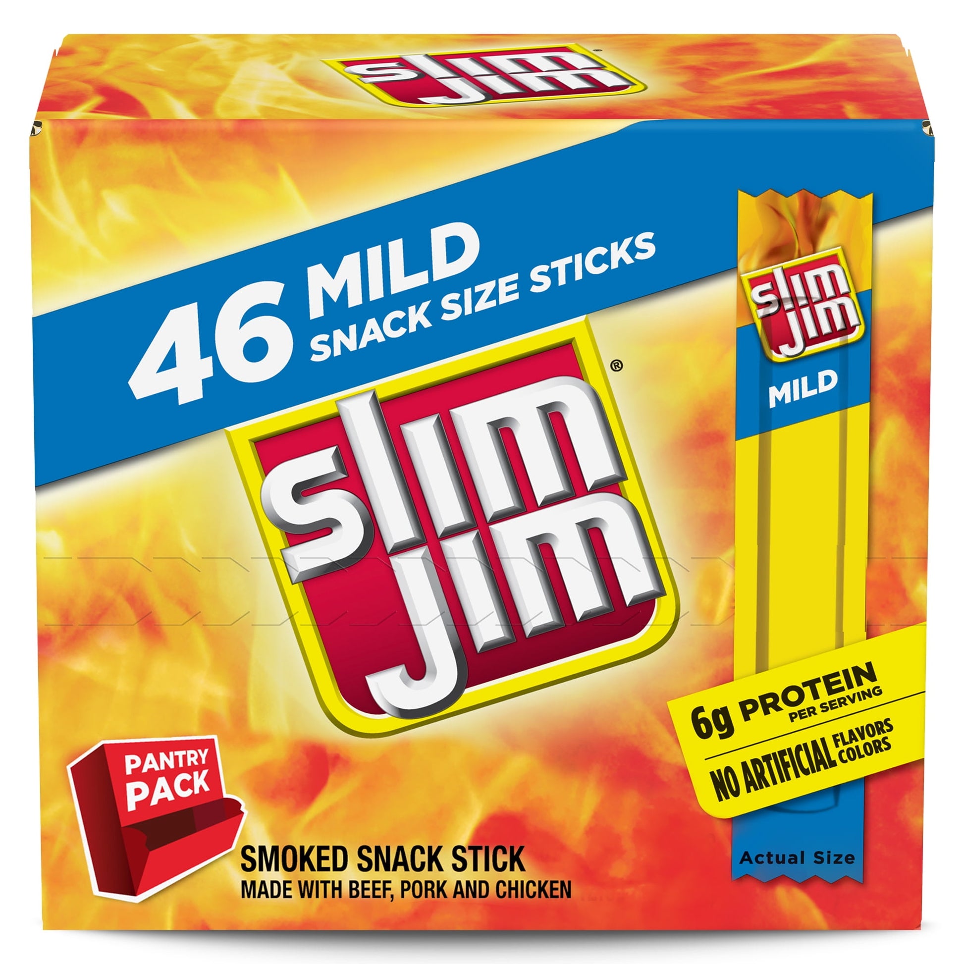 Experience intense, smoky flavor with delicious Slim Jim Mild Snack Size Sticks. Made with beef, pork and chicken, these meat sticks contain no artificial flavors or colors for full meaty flavor everyone can love. Each meat stick serving is loaded with 6 grams of protein, ideal for protein snacks that kick hunger to the curb and leave you feeling satisfied. These individually wrapped snacks go where you go and are perfect as travel snacks, school snacks or anywhere meat snacks. Slim Jim Mild Snack Size Stic