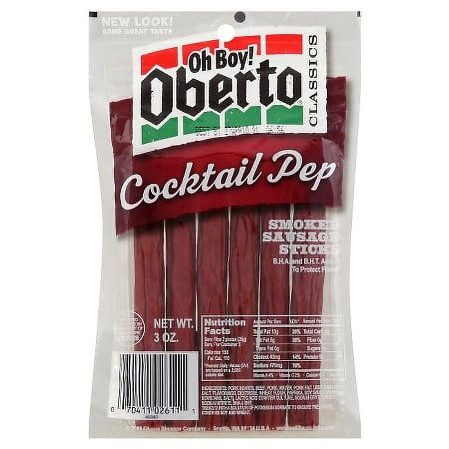 The Oh Boy! Oberto Classics Cocktail Pep Smoked Sausage Sticks may be small in size, but don?t let that fool you. These bite-sized sausage sticks provide big flavor, making them the perfect anytime snack to enjoy while watching a movie, taking a road trip, or simply satisfying those between-meal cravings. Made with care, these cocktail pep sticks pack a great smoky flavor with a legendary snap in each bite. The convenient, resealable packaging helps you keep your tasty smoked sausage fresh and ready to go. 