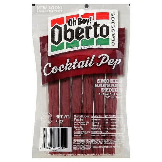 The Oh Boy! Oberto Classics Cocktail Pep Smoked Sausage Sticks may be small in size, but don?t let that fool you. These bite-sized sausage sticks provide big flavor, making them the perfect anytime snack to enjoy while watching a movie, taking a road trip, or simply satisfying those between-meal cravings. Made with care, these cocktail pep sticks pack a great smoky flavor with a legendary snap in each bite. The convenient, resealable packaging helps you keep your tasty smoked sausage fresh and ready to go. 