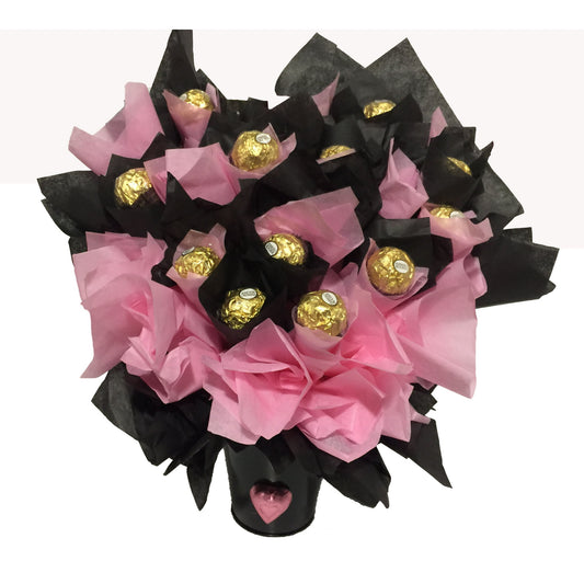 Chocolate bouquet gifts are always a very popular gift and this bouquet is sure to delight. Image The elegant yet colorful design makes this truffle-laden gift a visually appealing display, while delicious chocolate treats inside each blossom satisfy the taste buds.This Pink and Black theme bouquet is sure to please.