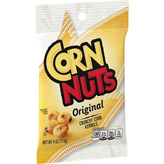 Corn Nuts Original Crunchy Corn Kernels deliver that delicious flavor you love along with the irresistible crunch you can't get enough of. Keep a bag of roasted Corn Nuts by your side to curb those snack cravings when hanging out and playing games, or share a bowl with family and friends on movie night. An ideal party snack, these Corn Nuts pair perfectly with soft drinks or beer, and they're sprinkled with salt to enhance the flavor. Each serving of these corn kernels contains 130 calories, and they're per