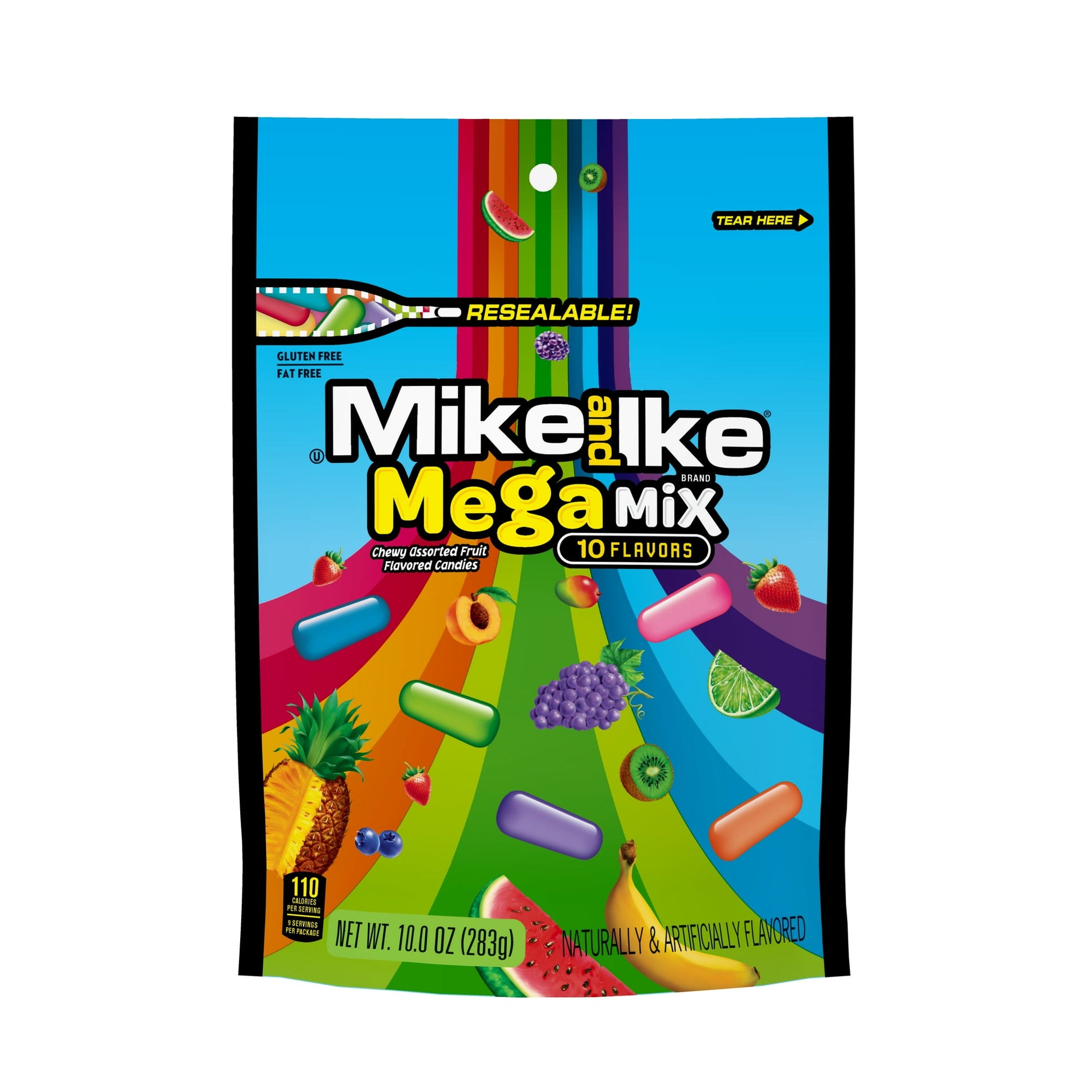 Turn up the flavor to TEN and get your taste buds ready for the insane fruity, chewy taste of MIKE AND IKE® Mega Mix! Every pack is loaded with TEN irresitible, assorted fruit flavors. MEGA ME UP™!