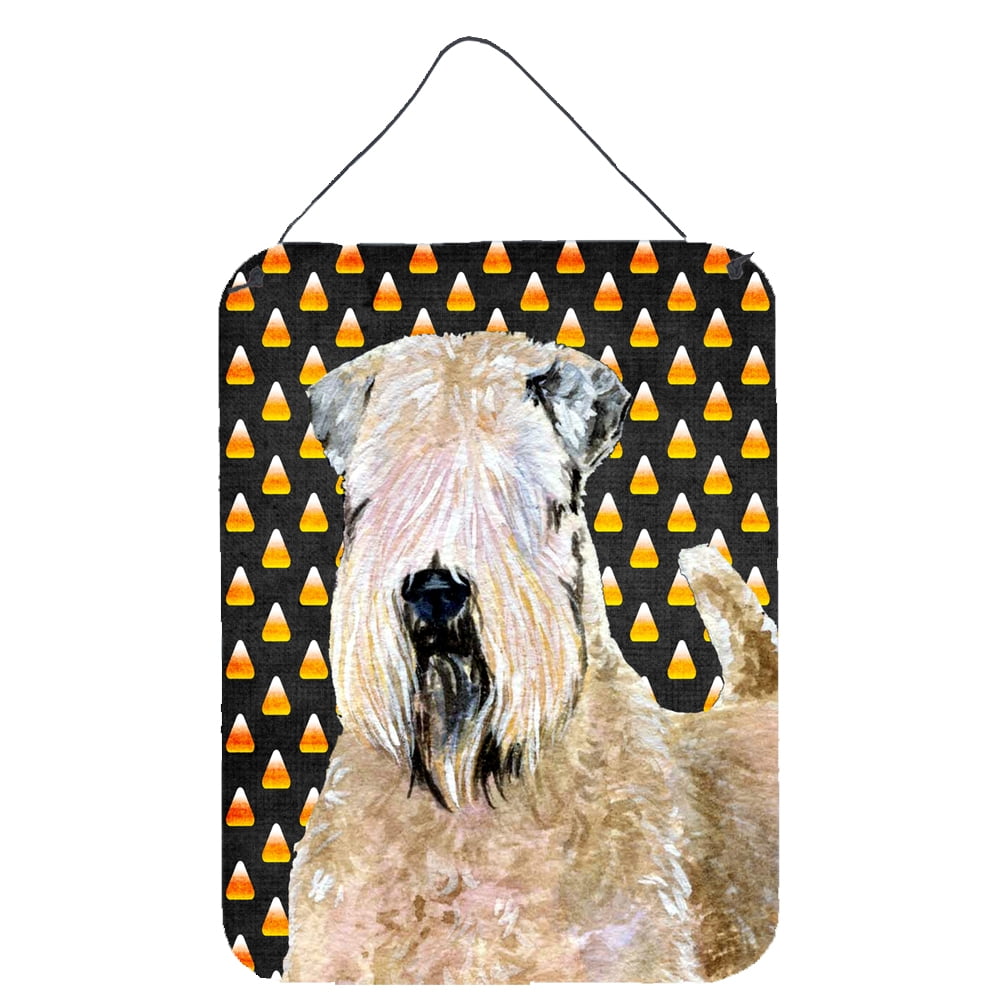 Wheaten Terrier Soft Coated Candy Corn Halloween Portrait Wall or Door Hanging Prints Wall or Door Hanging Prints featuring breed specific Wheaten Terrier artwork from one of our artists or graphic designers. Celebrate the Halloween holiday with this Halloween decorative Metal Print. This Wall or Door Hanging Prints is from Carolines Treasures collection Candy Corn Halloween. Indoor or Outdoor Aluminum multicolor artwork prints will add a special touch to your kitchen bath front door office outdoor patio po