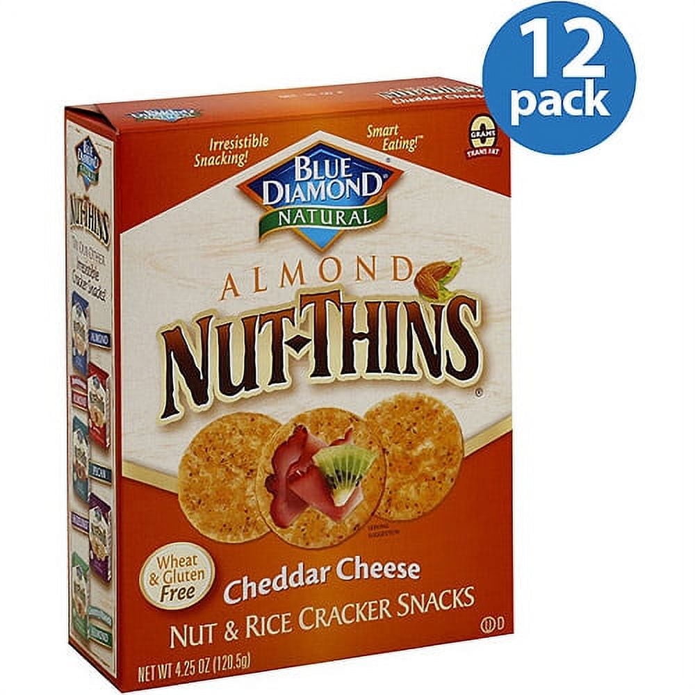 Blue Diamond Nut Thins Cheddar Cheese Nut & Rice Cracker Snacks are a nutritious, delicious snack at home or on the go. This unique treat is loaded with delicious and good-for-you almonds. Nut-Thin crackers are designed to give you that extra boost of nutrition with superb flavor. Baked to perfection, they offer a satisfying cheddar taste and a delightfully crispy crunch. Enjoy them with your favorite cheese, dips and pates, or all by themselves as a tasty between-meals bite. The round shape is easy to hold