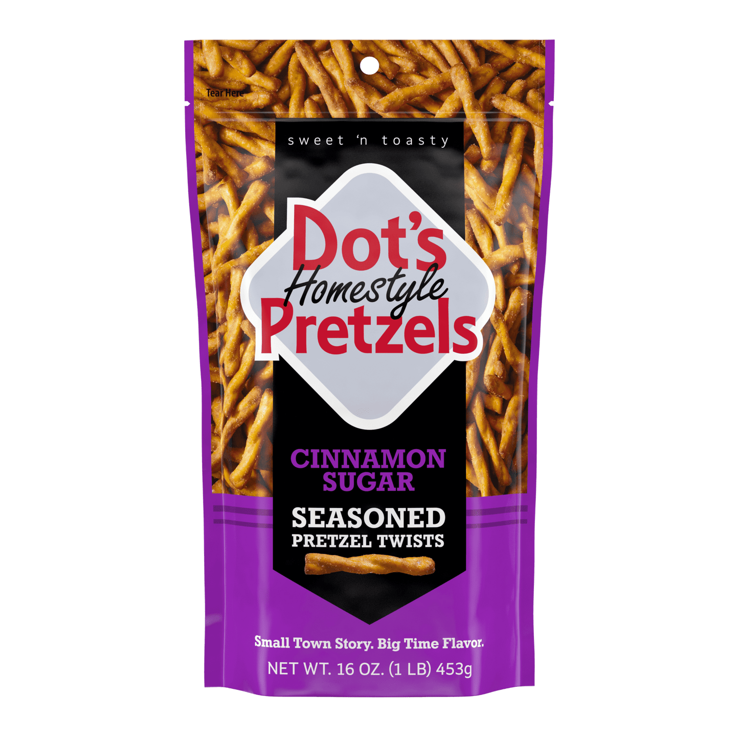 Get ready for the snack adventure of your life! Dot's Cinnamon Sugar Seasoned Pretzel Twists are braided and dusted with Dot's Cinnamon Sugar seasoning blend. Each pretzel twist envelopes your taste buds in a delightful swirl of sweet and toasty flavors. The 16-ounce family-size bag is perfect for adding to your back to school snack essentials, sharing with others or enjoying on your own by the handful. Dot's Pretzels are completely fish-free, providing a safe and flavorful snack option for those with seafo