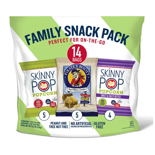 Combining two family favorite healthy snacks: SkinnyPop and Pirate's Booty. SkinnyPop always starts with a premium popcorn kernel, sunflower oil and the perfect amount of salt. From there, Pure Popped Perfection says it all. Our popcorn has no GMOs, gluten or preservatives, making SkinnyPop a tasty, guilt-free snack. Pirate?s Booty Aged White Cheddar Puffs is perfect to add to your child?s lunch as they set sail for school, or as an afternoon snack to fuel activities, our baked puffs aim to conquer any snac