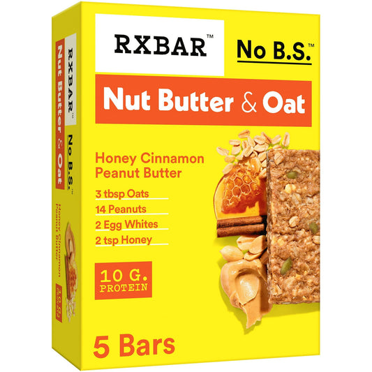 Simple, delicious ingredients make RXBAR Nut Butter and Oat Honey Cinnamon Peanut Butter protein bars a tasty go-to for your on-the-go snack. These soft and crispy nut butter bars are filled with ingredients you can recognize. Each snack bar is made with soft-rolled oats, peanuts, egg whites, honey, and a dash of cinnamon. Made with 10g of protein (13% of daily value) and conveniently gluten free, so you can take on the day; Each bar is made with 18g of whole grain (13g total whole grain per RACC). They're 