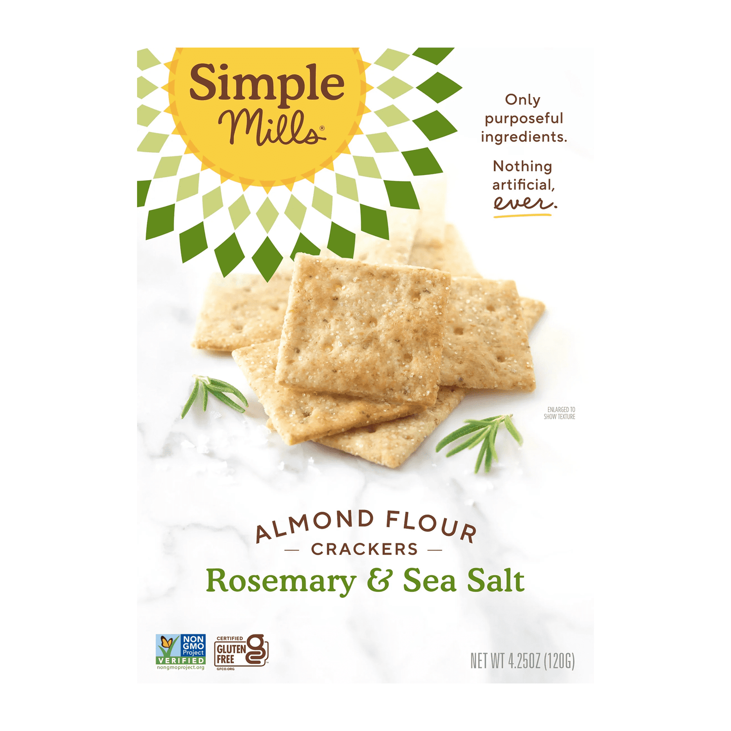 Gluten-free crackers made with simple ingredients. Simple Mills Rosemary and Sea Salt Almond Flour Crackers are made with a nut and seed flour blend of almonds, sunflower seeds, and flax seeds. With such herbaceous flavors, you can enjoy these gluten-free crackers on their own or paired with cheese and dips. Baked and never fried, Simple Mills Rosemary and Sea Salt Almond Flour Crackers are delicious and nourishing with a good source of Vitamin E and three grams of protein per serving. Made with only purpos