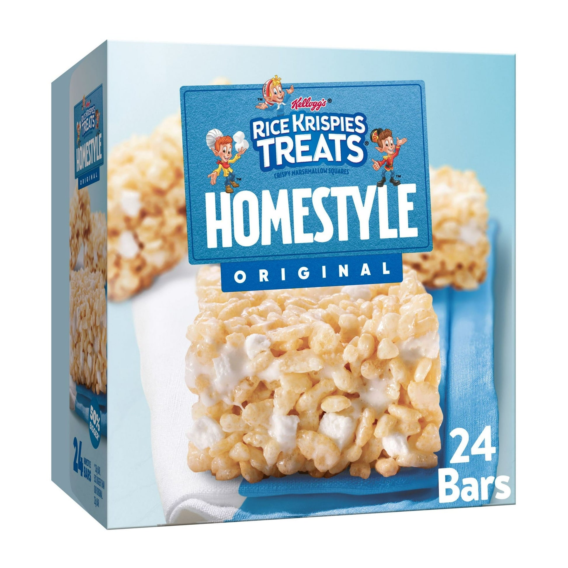 Discover a delicious take on a classic, Rice Krispies Treats Homestyle Original Crispy Marshmallow Squares. We've taken puffed rice cereal and mini marshmallows to craft our thickest, gooiest homestyle recipe. Every 33g bar is 50% bigger than our Original 22g bar and packed with pockets of melted marshmallows from top to bottom; The result is in our thickest, gooiest homestyle treat that the whole family can enjoy. Each package contains one individually wrapped marshmallow bar that's perfect for snacks at s