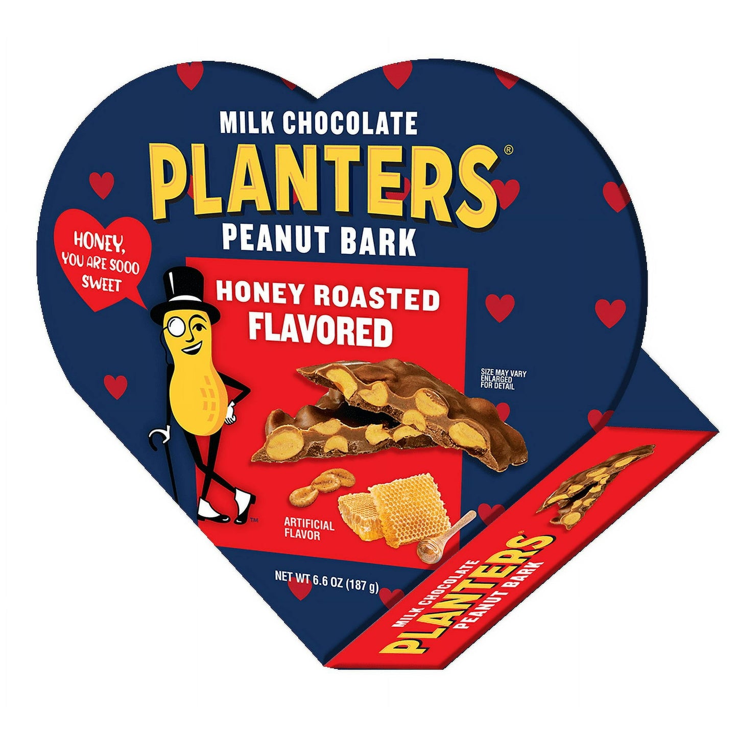 Show your special someone just how sweet they are with the PLANTERS® Milk Chocolate Bark with Honey Roasted Peanuts—an irresistible combination of smooth, creamy milk chocolate and the savory crunch of honey-roasted peanuts. This heart-shaped gift is the perfect way to express your affection, offering a deliciously indulgent treat that blends rich chocolate and the satisfying crunch of roasted peanuts. Whether for a partner, friend, or loved one, this thoughtful gift is sure to make any occasion feel extra 