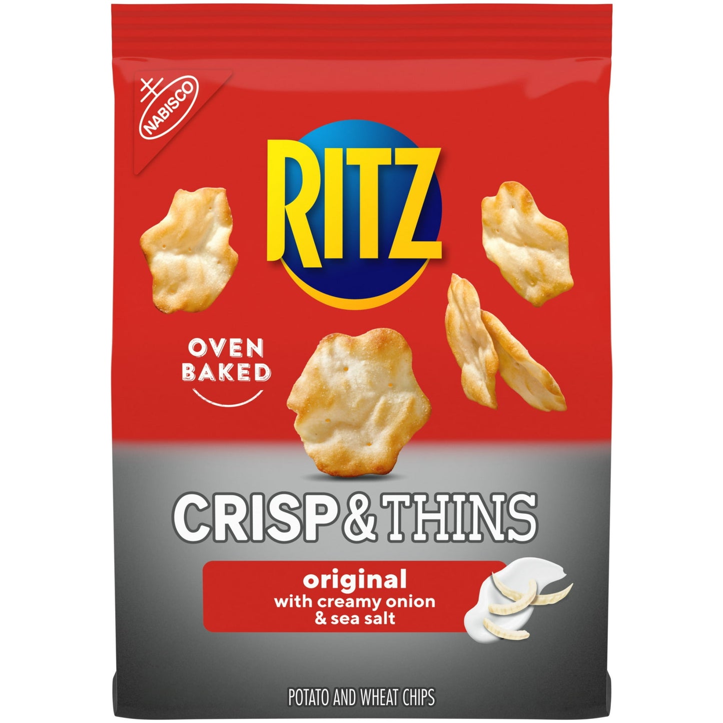 RITZ Crisp and Thins Original with Creamy Onion and Sea Salt are light chips with a crispy, thin shape and an irresistible crunch. These potato and wheat chips contain 50 percent less fat than the leading regular fried potato chips. Pack these sea salt chips in lunchboxes for a crunchy companion to sandwiches, or add reduced fat chips to your snack food shelf as a tasty after school treat.