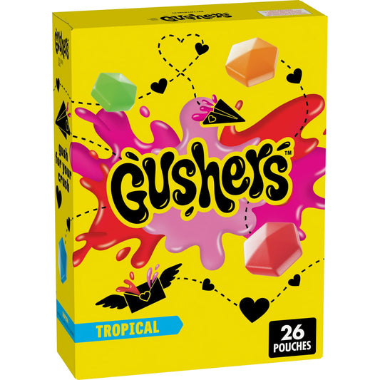 Gush for your crush this Valentine's Day! Just grab this Valentine's Day themed box of Gushers Tropical Fruit Flavored Snacks in mini pouches. Every bite releases a burst of yummy liquid that's ready to win hearts. These kid-adored gummy snacks are gluten free, gelatin free, and a good source of vitamin C. With 90 calories per two-pouch serving, they're perfect for spreading sweetness at Valentine's parties, adding to gift baskets or goody bags, or sending in a care package to someone special. Or make them 