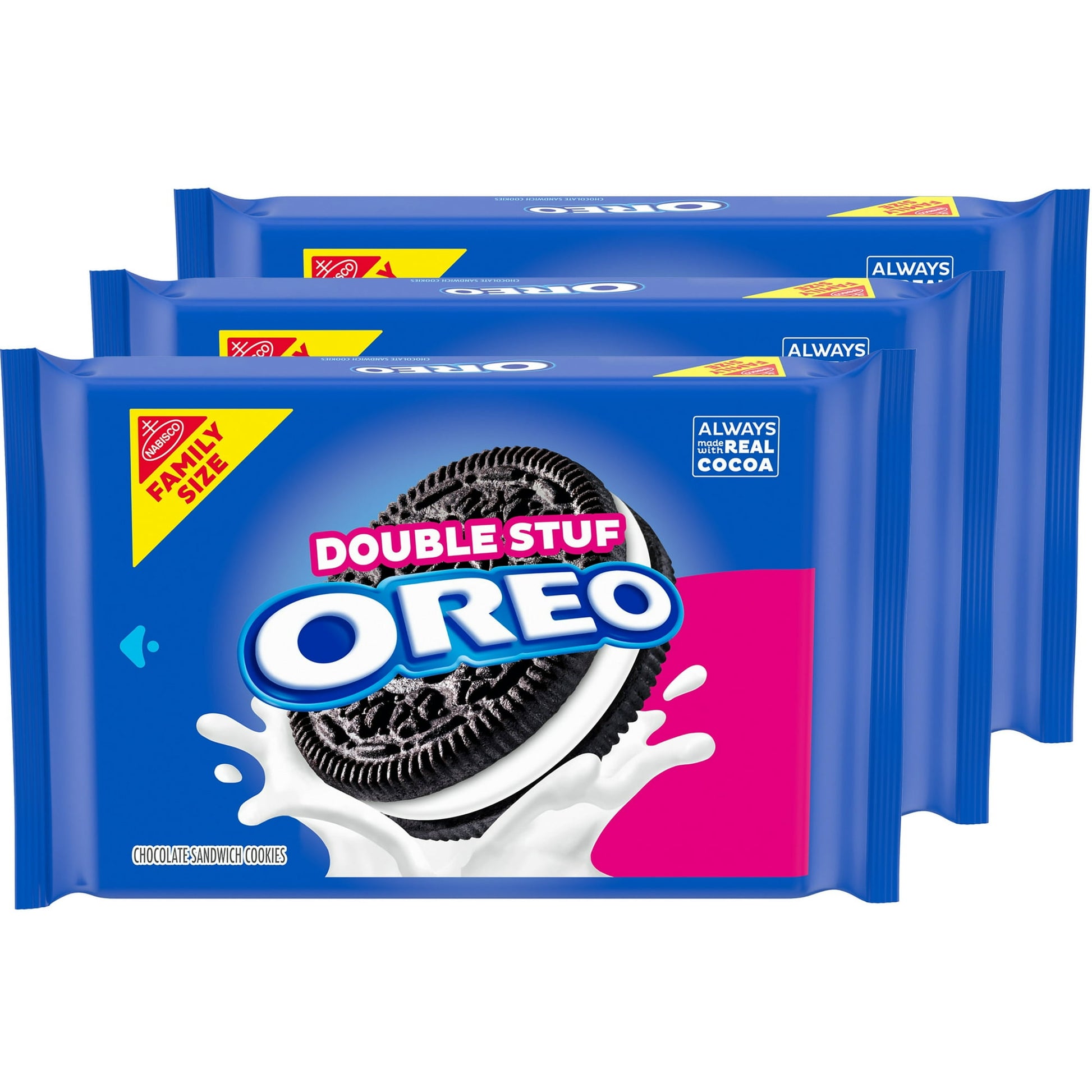 Get double the delicious creme with OREO Double Stuf Chocolate Sandwich Cookies. These chocolate sandwich cookies are filled with two times as much OREO creme between chocolate wafers Always Made with Real Cocoa. Double stuffed OREO cookies are great sweet snacks for sharing with friends, serving at parties or enjoying with cold milk. The resealable family size package with easy-pull tab keeps chocolate cookies fresh.