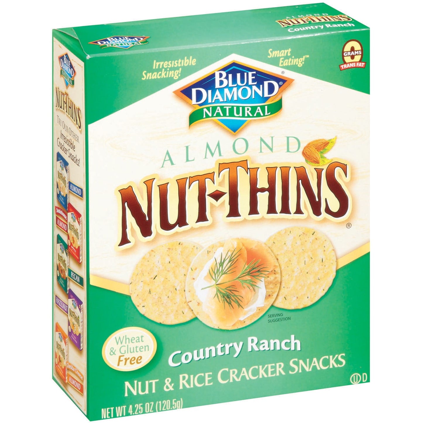 Grab a healthy and a delicious snack with Blue Diamond Almond Nut-Thins Country Ranch Nut & Rice Cracker Snacks, 4.25 Oz Box. These delectable treats are made in a thin style and make for a nutritious and wholesome food item for you and your whole family to enjoy. You can enjoy these wheat-free snacks with various cheeses, dips, meat slices and so much more. This item is made with real almonds, rice flower, garlic powder, and other spices and seasonings. These gluten-free cracker snacks contain no wheat, ha