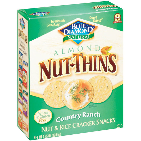 Grab a healthy and a delicious snack with Blue Diamond Almond Nut-Thins Country Ranch Nut & Rice Cracker Snacks, 4.25 Oz Box. These delectable treats are made in a thin style and make for a nutritious and wholesome food item for you and your whole family to enjoy. You can enjoy these wheat-free snacks with various cheeses, dips, meat slices and so much more. This item is made with real almonds, rice flower, garlic powder, and other spices and seasonings. These gluten-free cracker snacks contain no wheat, ha