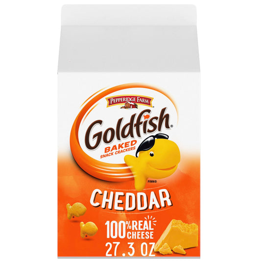 Serve up a snack the whole family will enjoy with Pepperidge Farm Goldfish Cheddar Cheese Crackers, the fun, fish-shaped snack crackers with a smile. These baked cheese snacks are made with ingredients you can feel good about, including 100% real Cheddar cheese and no artificial flavors or preservatives. The fun, bite-sized shape of Goldfish crackers make them the perfect at-home or on-the-go snacks for kids and adults. Crunchy and cheesy with an irresistible flavor, they’re a munchable must-have for school