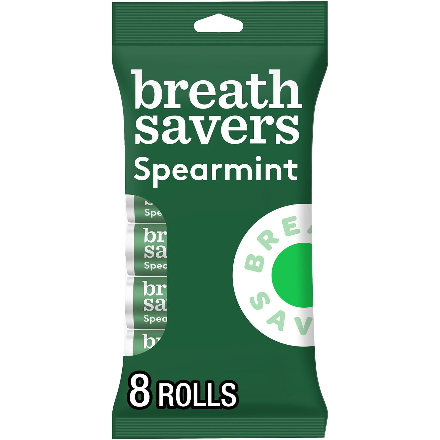 Pop in a sugar free breath mint when you need a cooling zing of spearmint flavor. Enjoy the confidence of knowing these mints will neutralize your bad breath and rejuvenate your mouth no matter what the day throws at you. BREATH SAVERS sugar free spearmint flavored breath mints are the perfect minty treat when you need it most — especially after a cup of coffee or a large meal full of garlic and onion! Keep a roll wherever you are for the peace of mind that your breath is always covered. Keep them in your c