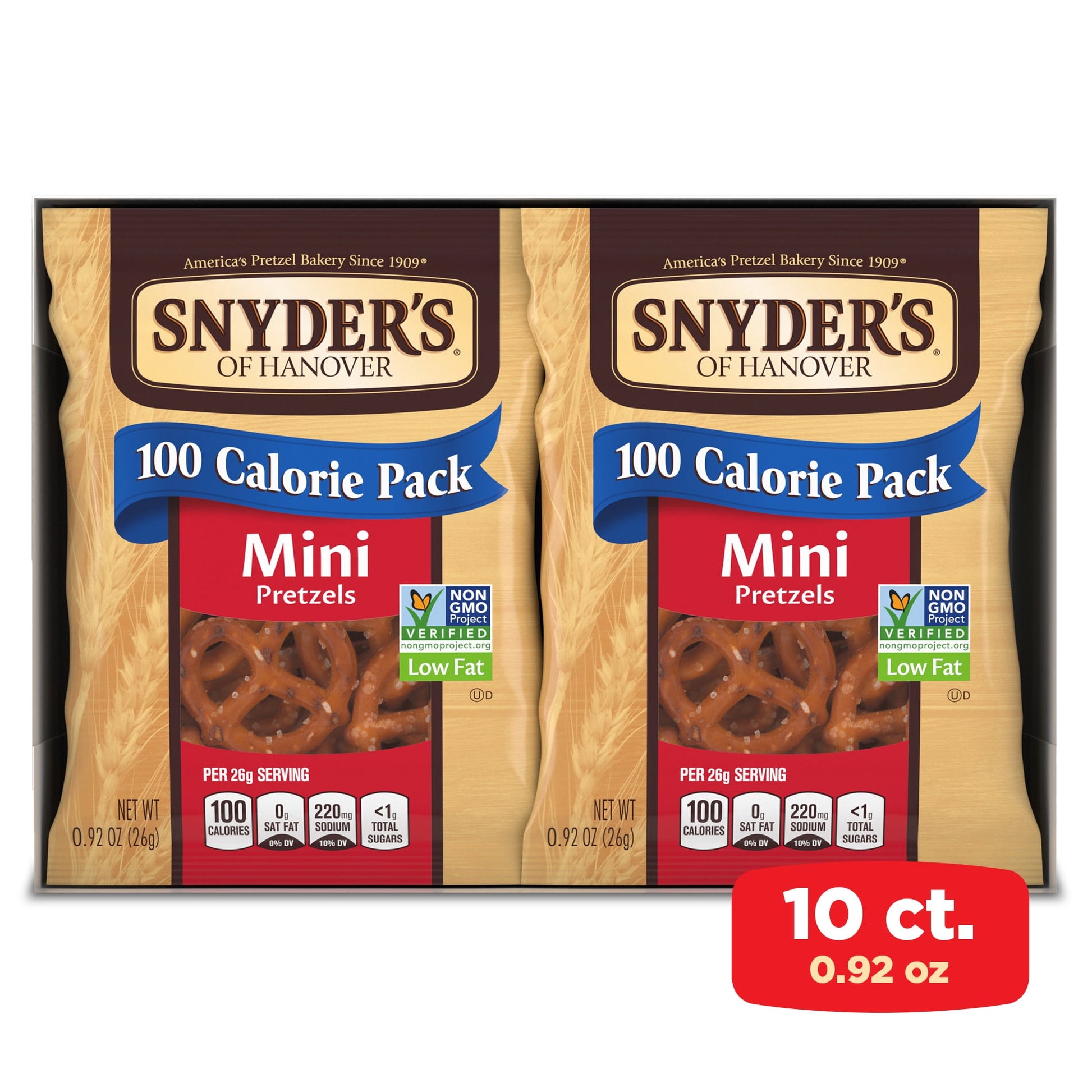 Snyder's of Hanover 100 Calorie Mini Pretzels give you that delicious crunch for a perfectly sized snack - only 100 calories per snack pack but full of flavor! Our Mini Pretzels offer all the naturally delicious flavor of traditional pretzels in a crunchy, bite-size snack. Packaged as individual packs of pretzels, these mini pretzels are the perfect lunch snack, school snack (made in a facility that does not process peanuts), or on-the-go snack. Stock up your office or pantry with this value pack! Snyder's 